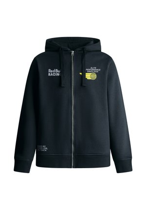 Zwarte zip-up hoodie met een trekkoordcapuchon. Bevat witte en gele logo's, ribbelboorden en -zoom, gemaakt van zachte stof.