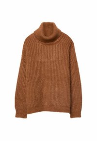Pull à col roulé marron en grosse maille avec manches longues et poignets et ourlet côtelés, présenté sur un fond blanc.