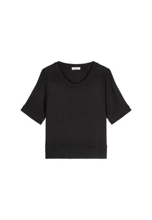 Top de punto negro de manga corta con cuello redondo y puños y dobladillo acanalados, presentado sobre un fondo blanco.