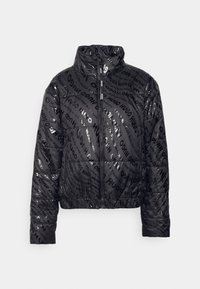 Black padded jacket with a glossy finish, featuring an all-over repeating logo pattern. Cropped design and high collar with a front zipper.