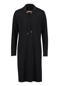 Svart stickad klänning med cowl-krage och dragsko, som har lång ärm och rak silhuett. Subtil ribbad textur.