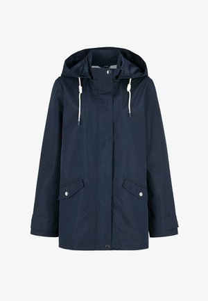 Veste de pluie à capuche bleu marine avec boutons-pression à l'avant, capuche à cordon blanc, et deux poches à rabat à l'avant avec fermeture à pression.