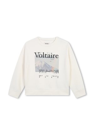 Sweat-shirt blanc avec un motif de montagne et le texte "Voltaire". Manches longues, encolure ronde et poignets côtelés. Texture de tissu douce.
