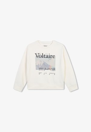 Sweat-shirt blanc au design court, avec un graphisme central d'une montagne et du texte, incluant "Voltaire", en lettres noires audacieuses.
