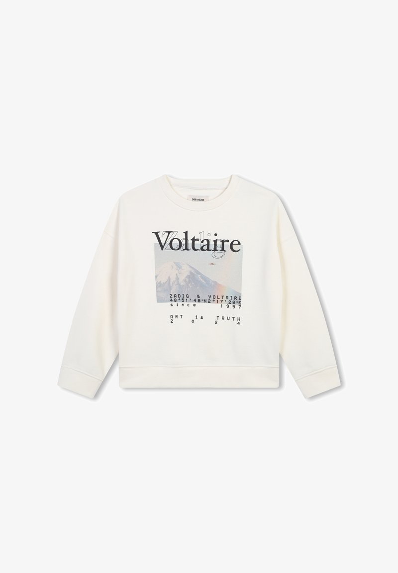 Sweat-shirt blanc au design court, avec un graphisme central d'une montagne et du texte, incluant "Voltaire", en lettres noires audacieuses.