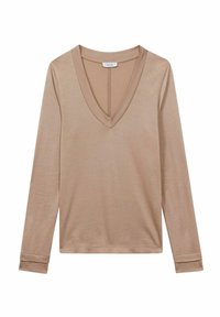 Halenka s dlouhým rukávem v světle béžové barvě, s hlubokým výstřihem do V. Vyrobena z měkkého materiálu s přiléhavými manžetami a čistým, minimalistickým stylem.