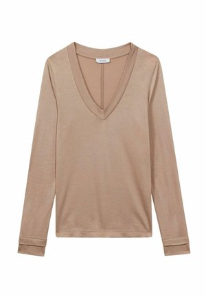 Bluză cu mâneci lungi în bej deschis, cu un decolteu adânc în V. Fabricată dintr-un material moale, cu manșete strâmte și un stil curat, minimalist.