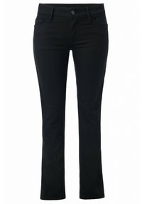 Pantalones de mezclilla negros con corte recto, que cuentan con un cierre de botón en la parte delantera, cinco bolsillos y costuras resistentes a lo largo de las costuras.
