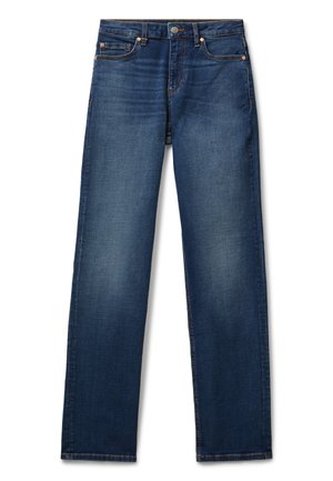 Jeans en denim bleu foncé avec une coupe droite, dotés de cinq poches et de finitions en métal cuivré, présentant une légère décoloration sur le devant.