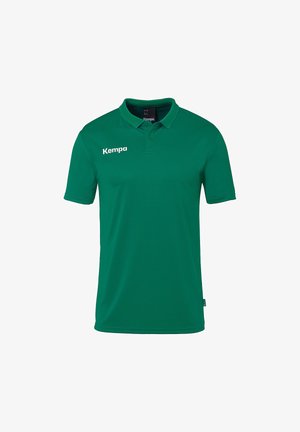 Grøn polo-shirt lavet af glat stof med krave og korte ærmer. "Kempa" logoet trykt i hvidt på venstre brystområde.