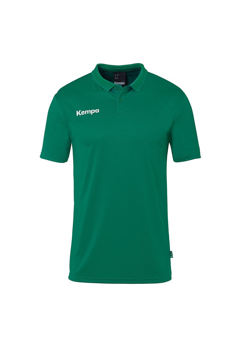 Grøn polo-shirt lavet af glat stof med krave og korte ærmer. "Kempa" logoet trykt i hvidt på venstre brystområde.