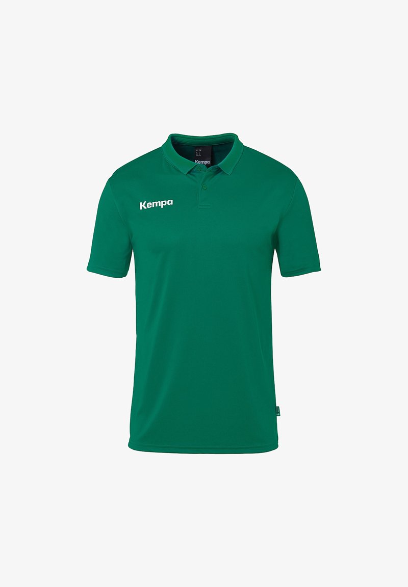 Grøn polo-shirt lavet af glat stof med krave og korte ærmer. "Kempa" logoet trykt i hvidt på venstre brystområde.