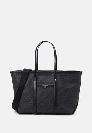 Zwarte Michael Kors tote bag met dubbele bovenhandgrepen, verstelbare schouderriem, voorvak en subtiel logopatroon.