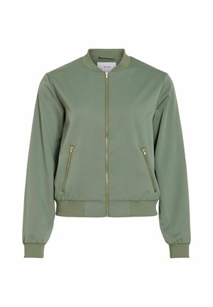 Veste bomber verte en tissu lisse, dotée d'une fermeture éclair frontale, de deux poches latérales zippées et de bords côtes aux poignets et à l'ourlet.