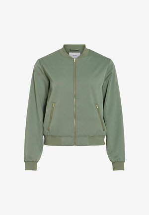 Groene bomberjack gemaakt van gladde stof, voorzien van een ritssluiting aan de voorkant, twee zijzakken met ritssluitingen en geribbelde boorden aan de mouwen en zoom.