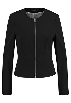Zwarte, getailleerde damesjas met lange mouwen, ronde hals en een zilverkleurige ritssluiting aan de voorkant, met subtiele naaddetails.