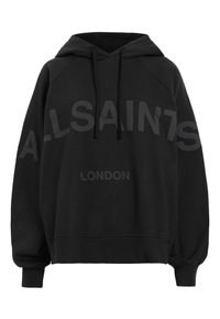 Felpa nera con cappuccio caratterizzata da una texture morbida, grandi loghi in rilievo "ALLSAINTS" e "LONDON" di un nero più scuro, con cappuccio regolabile e vestibilità over.