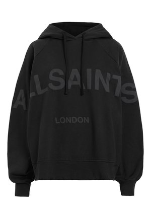 Czarna bluza z kapturem o miękkiej fakturze, z dużymi wytłoczonymi logo "ALLSAINTS" i "LONDON" w ciemniejszej czerni, z kapturem na sznurki i luźnym krojem.