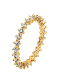 Anello d'oro con un design circolare, decorato con gemme chiare brillanti distribuite uniformemente e montate in un'impostazione a artiglio.