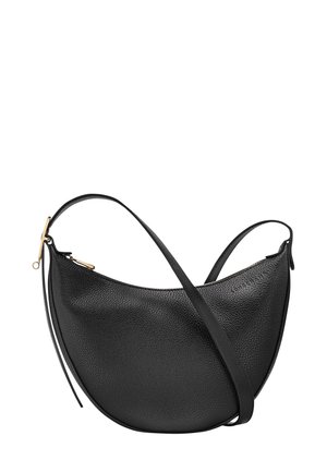 Black leather shoulder bag with a curved shape, textured finish, slim strap, and gold-tone hardware detail at the zipper.