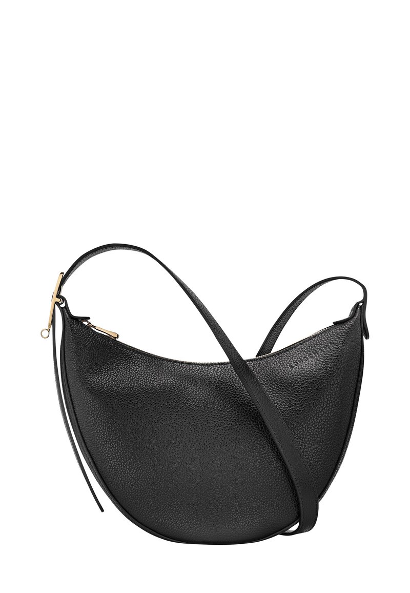 Schwarze Leder-Schultertasche mit einer geschwungenen Form, strukturiertem Finish, schmalem Tragegurt und goldfarbener Hardware-Detail am Reißverschluss.