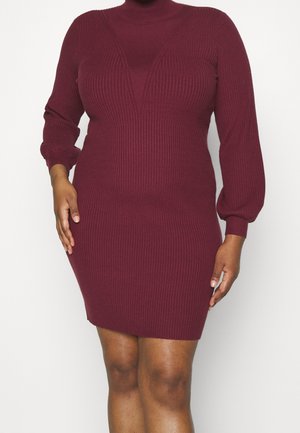 Frau trägt ein eng anliegendes, langärmliges, geripptes bordeauxfarbenes Strickkleid mit Rollkragen und steht vor einem schlichten Hintergrund.
