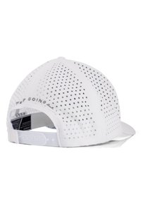 White cap with perforated panels, curved brim, adjustable snapback closure, and "KEEP GOING" embroidered on the back.