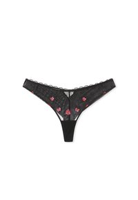 Black lace thong with floral embroidery in pink. Features sheer panels, scalloped edges, and a smooth fabric waistband.