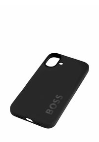 Juoda silikoninė telefono dėklas su matinio paviršiaus apdaila, su logotipu, išpjovomis kamerai ir prievadams bei šoninėmis mygtukais įrenginio valdymui.