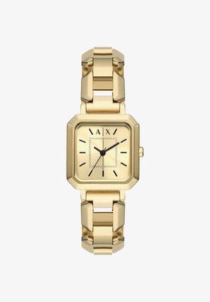 Reloj de pulsera cuadrado de oro con correa de eslabones de metal dorado, marcadores de horas negros y dos agujas negras que marcan las 02:10.