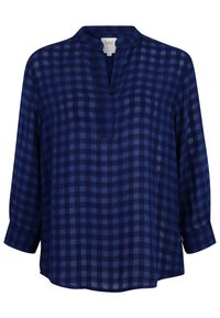 Marinblå och mörkblå rutiga långärmad blus med avslappnad passform och V-ringning.