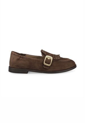 Brown suede loafer with a large beige buckle, fringe detail, and low black heel, shown from the side on a white background.