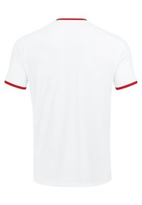 Maglia atletica bianca a maniche corte, con accenti rossi sul colletto e sui bordi delle maniche. Realizzata in tessuto traspirante e strutturato.
