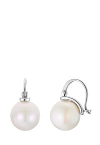 Orecchini in perle con perle bianche rotonde dalla superficie liscia, montate su una struttura in argento con chiusura a leva.