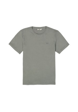 Gray cotton t-shirt with a round neckline and short sleeves. Features a small logo detail on the left chest. Simple, solid color design.