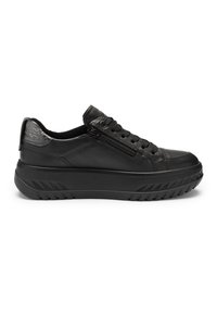 Black low-top sneaker with thick textured sole, lace-up front, and side zipper detail. Smooth and textured leather accents.