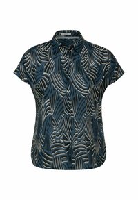 Blusa a maniche corte in tessuto blu scuro con un motivo astratto bianco e crema. Include una chiusura frontale con bottoni e un colletto classico.