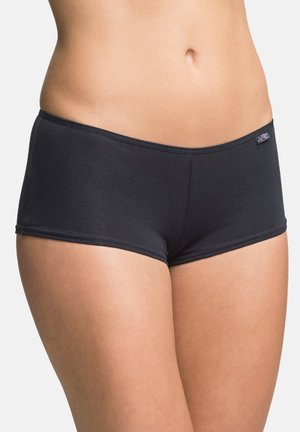 Shorts en coton noirs de type boyshort, avec une texture lisse, une coupe ajustée et une taille ornée d'une petite étiquette décorative.