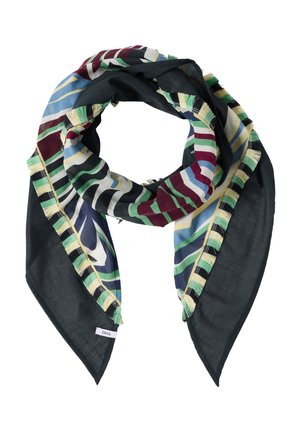 Kvadratisk tørklæde med flerfarvede abstrakte striber, frynsekant i creme og grøn, og sort baggrund, mærket med "CECIL" tag.