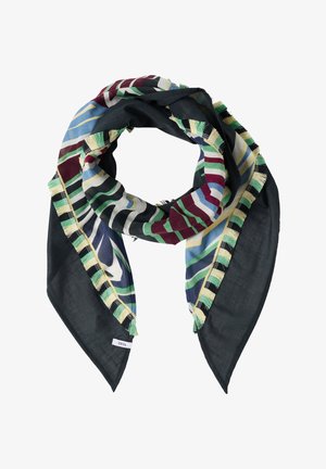 Kvadratisk tørklæde med flerfarvede abstrakte striber, frynsekant i creme og grøn, og sort baggrund, mærket med "CECIL" tag.