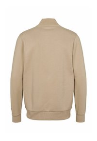 Béžová mikina s dlouhým rukávem s žebrovaným vysokým límcem, manžetami a spodním lemem, zobrazena zezadu na bílém pozadí.