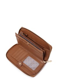Brown leather zip-around wallet with multiple card slots, a clear ID window, and a central zippered coin pocket, open on a white background.