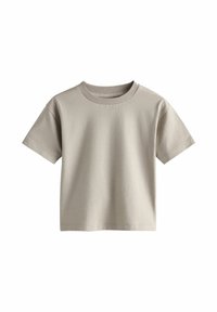 Hellbeiges Baumwoll-T-Shirt mit rundem, geripptem Halsausschnitt und kurzen Ärmeln. Einfaches Design, keine Muster oder sichtbare Beschläge.