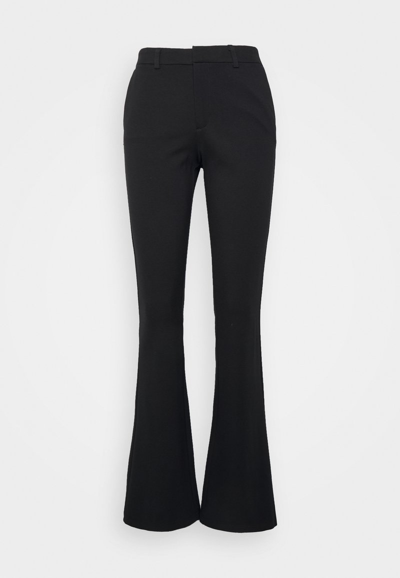 Pantalon noir taille haute avec jambes évasées, fermeture éclair à l'avant, passants de ceinture et coupe cintrée.