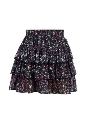 Gonna nera floreale con tre strati arricciati, caratterizzata da piccoli fiori rosa, bianchi e blu. Vita elastica per il comfort.