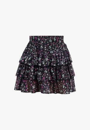 Black floral skirt with three ruffled layers, featuring small pink, white, and blue flowers. Elastic waistband for comfort.