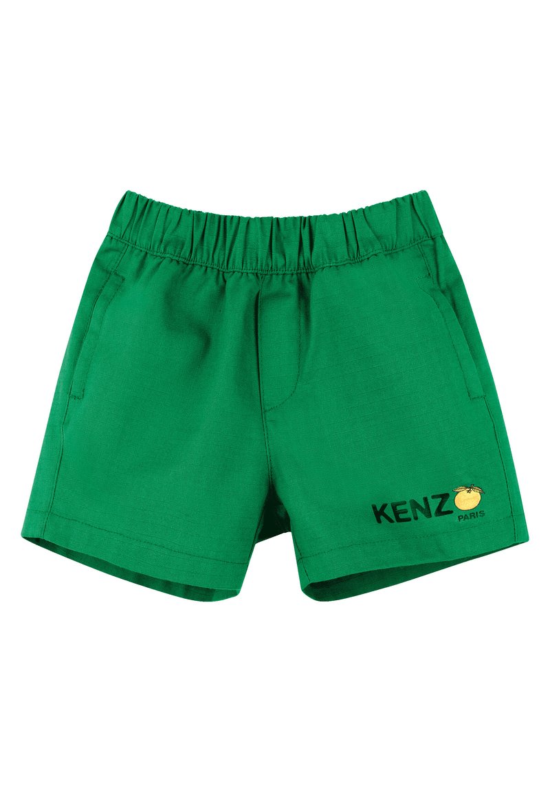 Shorts di cotone verdi con una vita elastica, due tasche laterali e un logo stampato "KENZ PARIS" con un accento arancione sul davanti.
