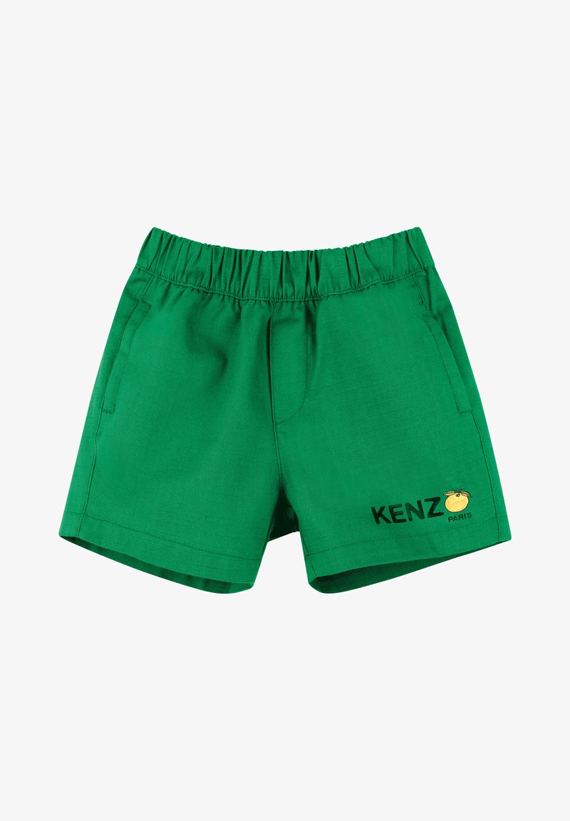 Shorts di cotone verdi con una vita elastica, due tasche laterali e un logo stampato "KENZ PARIS" con un accento arancione sul davanti.