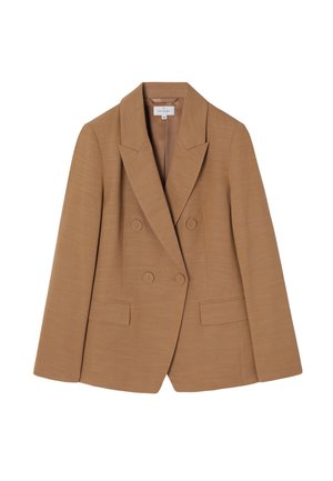 Veste double boutonnage marron avec larges revers, deux poches avant et un fini en tissu texturé. Lignes épurées et coupe ajustée.