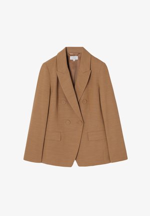 Kohvempruudiga topeltklappidega bleiser, millel on laiad kraed, kaks eesmise taskut ja tekstuuriga kangas. Puhtad jooned ja kohandatud lõige.